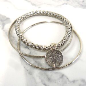 3 Silver-toned Stackable Bangles | 7 1/2" | Tree of Life Charm with rhinestones
